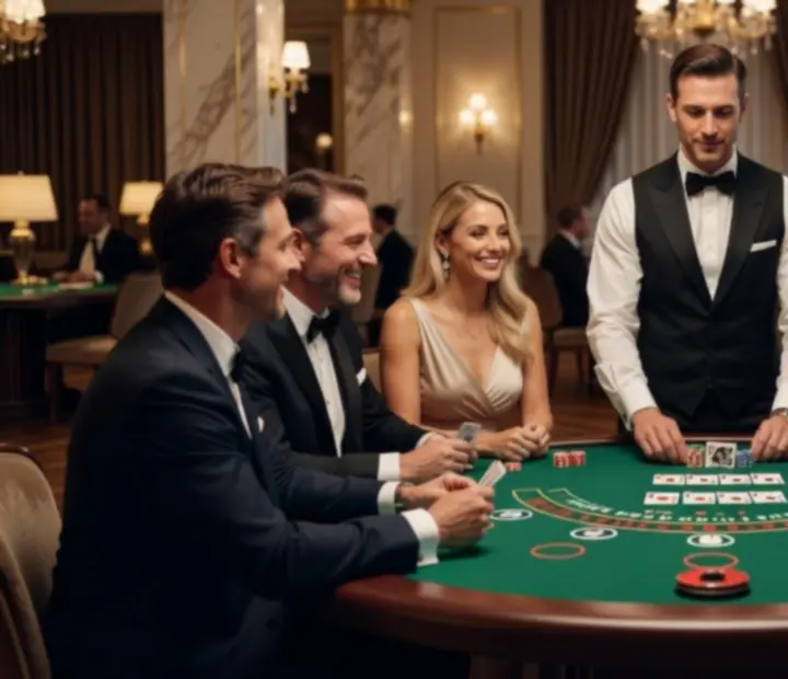 Stanowisko Blackjack podczas eleganckiego eventu z uśmiechniętymi uczestnikami