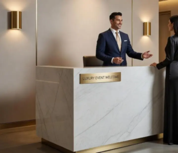 Elegancka recepcja eventowa z listą gości i stylistycznymi dekoracjami, przygotowana na wieczór casino.