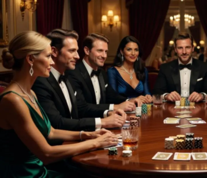 Elegancki wieczór pokerowy z profesjonalnym stołem i gośćmi w koktajlowych stylizacjach