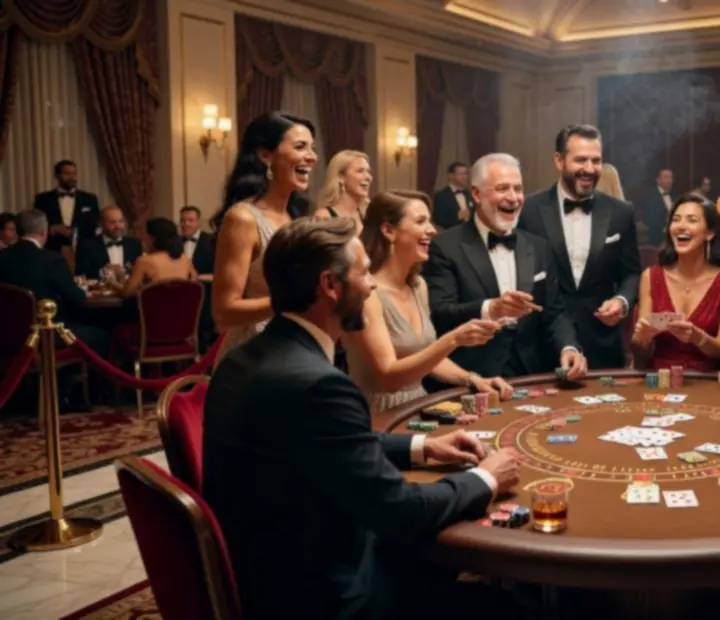 Zbiór kadrów z ekskluzywnych eventów casino: stoły pokerowe, ruletka, elegancko ubrani goście i nastrojowe światło.