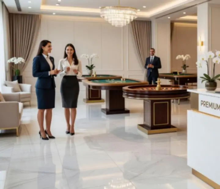 Elegancki wieczór casino z gośćmi przy stołach pokerowych w oprawie premium