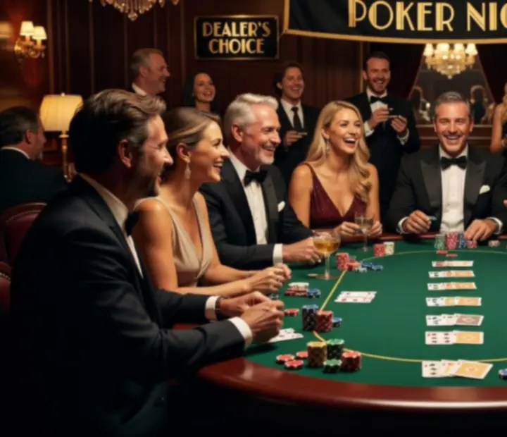 Goście podczas wieczoru pokerowego śmiejący się przy stole