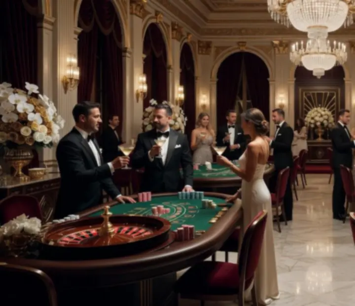 Elegancki event casino z profesjonalnym stołem pokerowym i gośćmi w wieczorowych kreacjach.