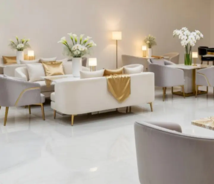 Nowoczesne, luksusowe wnętrze przygotowane na elegancki event casino z podświetlonymi stołami i nastrojowym oświetleniem.