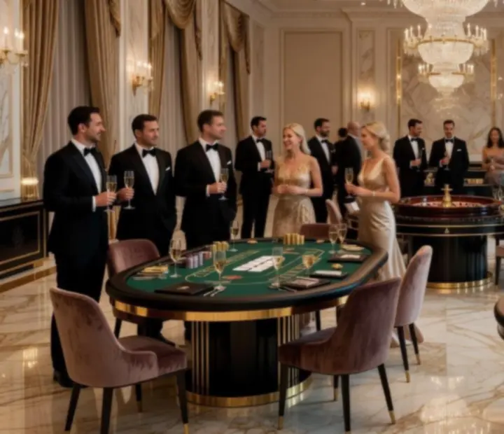 Elegancka aranżacja stołów casino podczas ekskluzywnego wieczoru eventowego