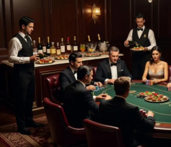 Ekskluzywna strefa VIP podczas wieczoru pokerowego z koktajlami i elegancką oprawą