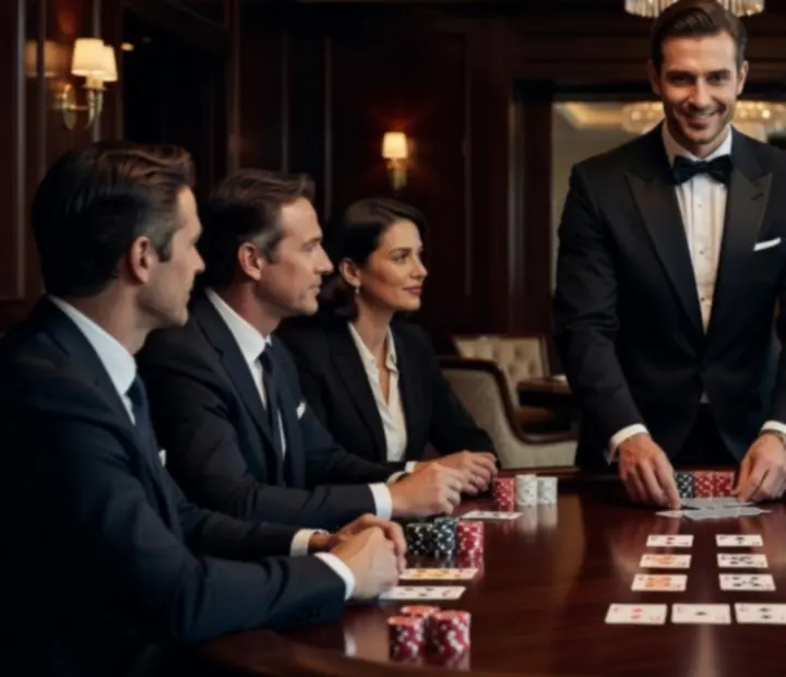 Profesjonalny krupier prowadzący firmowy wieczór pokerowy