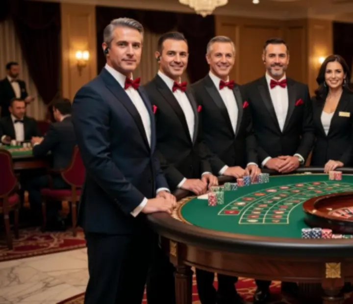 Profesjonalny zespół krupierów i prowadzących w eleganckich strojach, przygotowujący stoły do wieczoru casino.