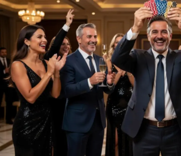 Goście śmiejący się przy stołach casino podczas eleganckiego wieczoru