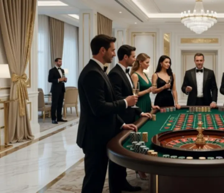 Elegancka sala eventowa z profesjonalnym stołem ruletki i gośćmi w wieczorowych stylizacjach
