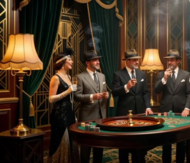Tematyczna strefa kasynowa w stylu retro z eleganckimi dekoracjami
