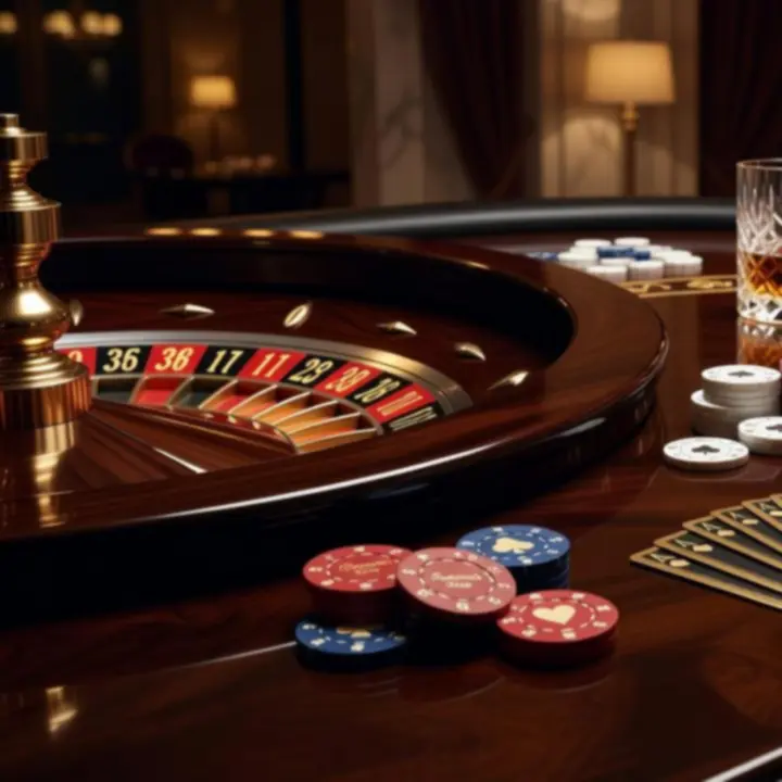 Profesjonalny stół casino z eleganckimi żetonami i nastrojowym oświetleniem